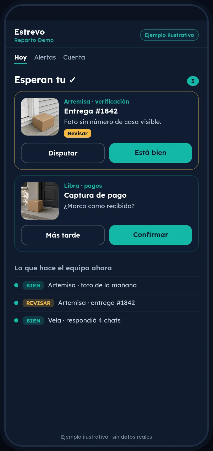 Vista del cliente, ejemplo ilustrativo. Portal de Reparto Demo, pestaña Hoy. «Esperan tu ✓» (3): Artemisa pide revisar la entrega #1842, foto sin número de casa visible, con los botones Disputar y Está bien; Libra pregunta si marca como recibida una captura de pago. Abajo, lo que hace el equipo ahora: Artemisa, foto de la mañana, bien; Artemisa, entrega #1842, revisar; Vela respondió 4 chats, bien.