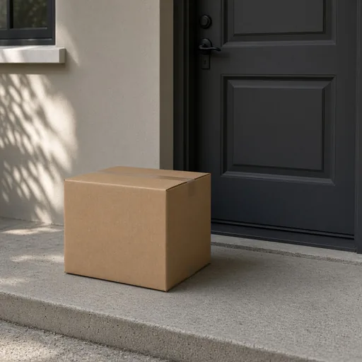 Caja frente a una puerta gris