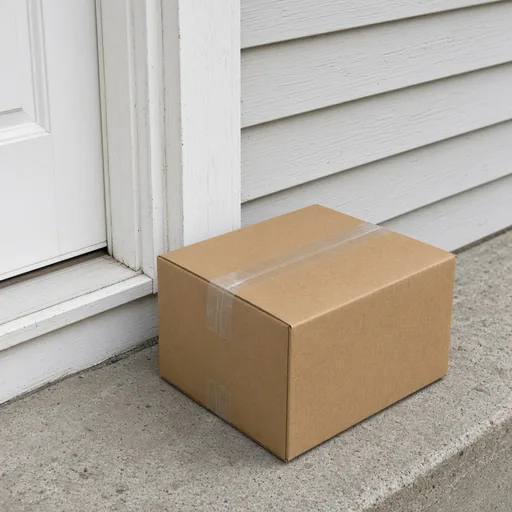 Caja junto a una puerta blanca, sin número de casa